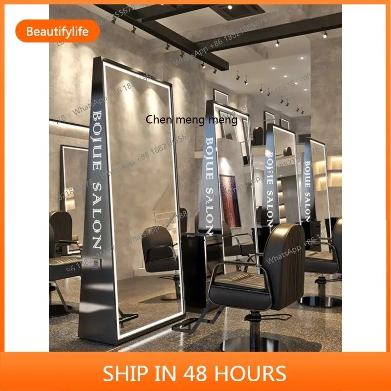 03 Barber shop mirror table single and double-sided floor mirror with lamp stainless steel hair cutting mirror for hair salon