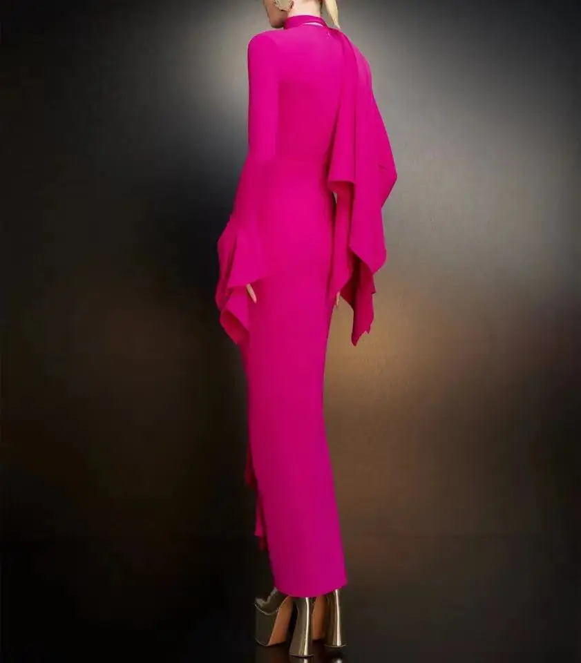 Fnoexw Elegant Fuchsia High Neck Mermaid Party Dresses 2024 Long Sleeves Formal Prom Dress Saudi Arabia Women Vestidos De Festa