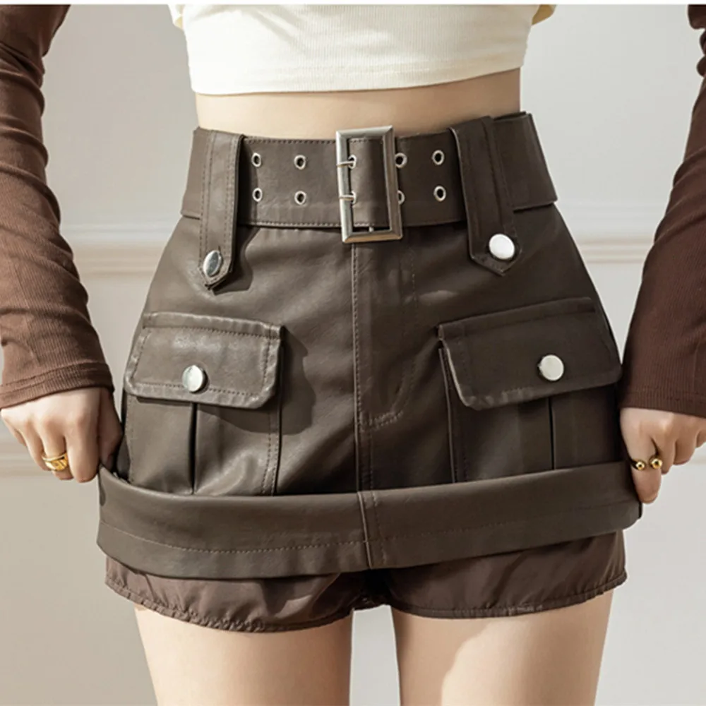 

Leather Skirts for Women Fashion Clothing Belt Vintage A-LINE Office Ladies Pu Skirt Y2k Midi