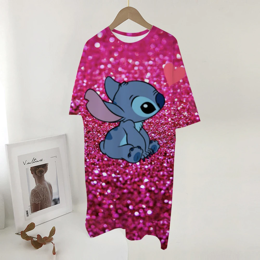 Vestido con estampado de Stitch de Disney para mujer, camiseta de manga corta con cuello redondo y dibujos animados, falda para dormir a la moda, vestidor básico diario