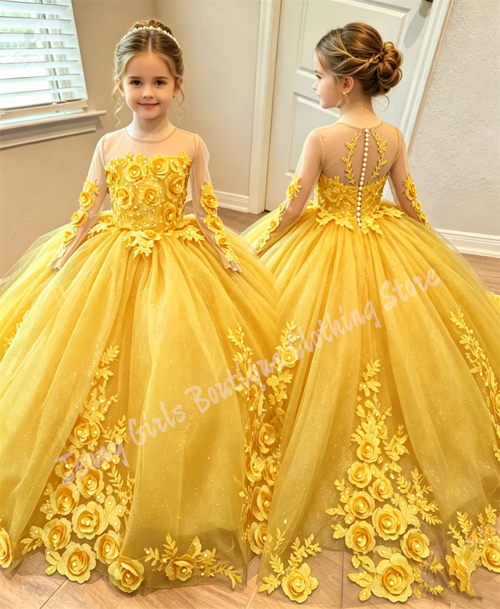 Golden 3D Applique Long Sleeve 2026 Little Girl Dress Fluffy Graduation Children's Birthday Party Dress Photography