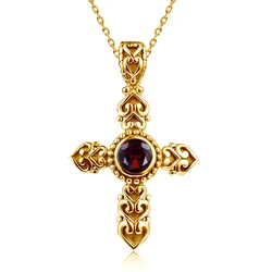 Szjinao Yellow Gold Garnet Cross Necklace Womens Pendant With Stone God Bless You Pendant Christian Jewelry Luxury Gift Female