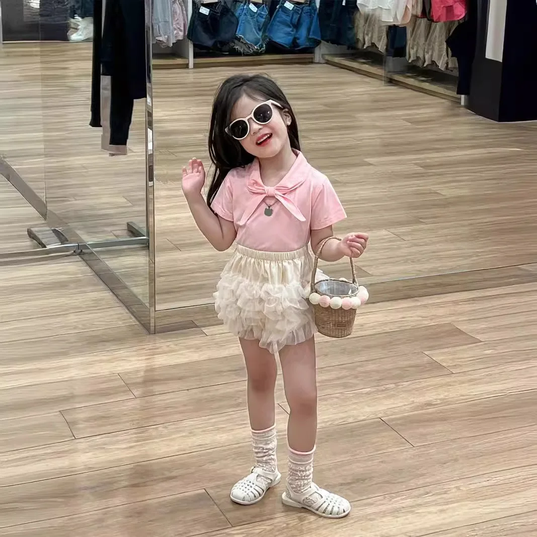 Korean Version of Girls' Summer Pink Bow Tie Top Mesh Layer Cake Skirt Safety Culottes Two-piece Set