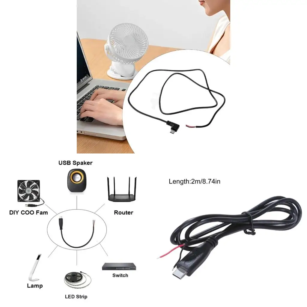 90 Degree/Straight Head USB C To 2 Pin Bare Wire Open End Power Cord, Type C Male Plug Pigtail Extension Cable 22AWG