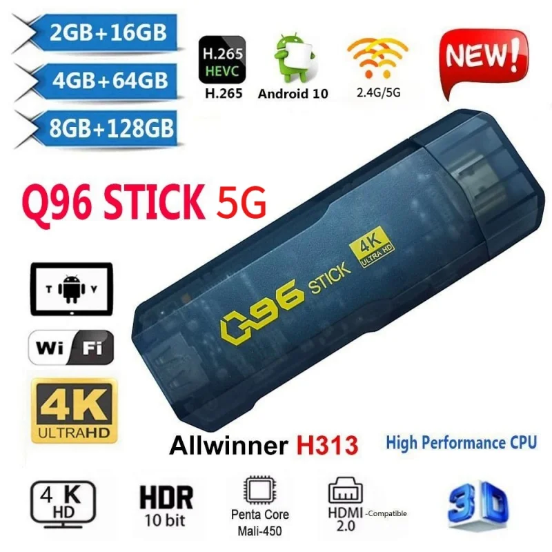 Q96 TV Stick Lettore multimediale 5G/4G Applicazioni multiple popolari Netflix Youtube Google Play Android 10 H313 4K HD Samrt TV BOX IPTV gratuito