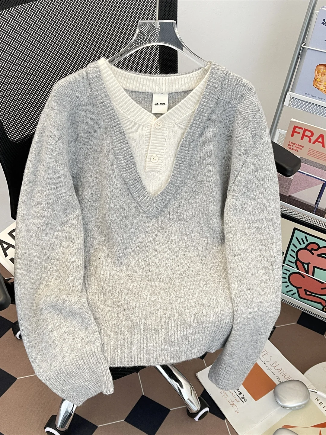 

Loose Fit Korean Sle V-Ne Wool Knit Sweater Men's Lazy Old Money Faion Oversized High-End Overhead Trendy Long Sve