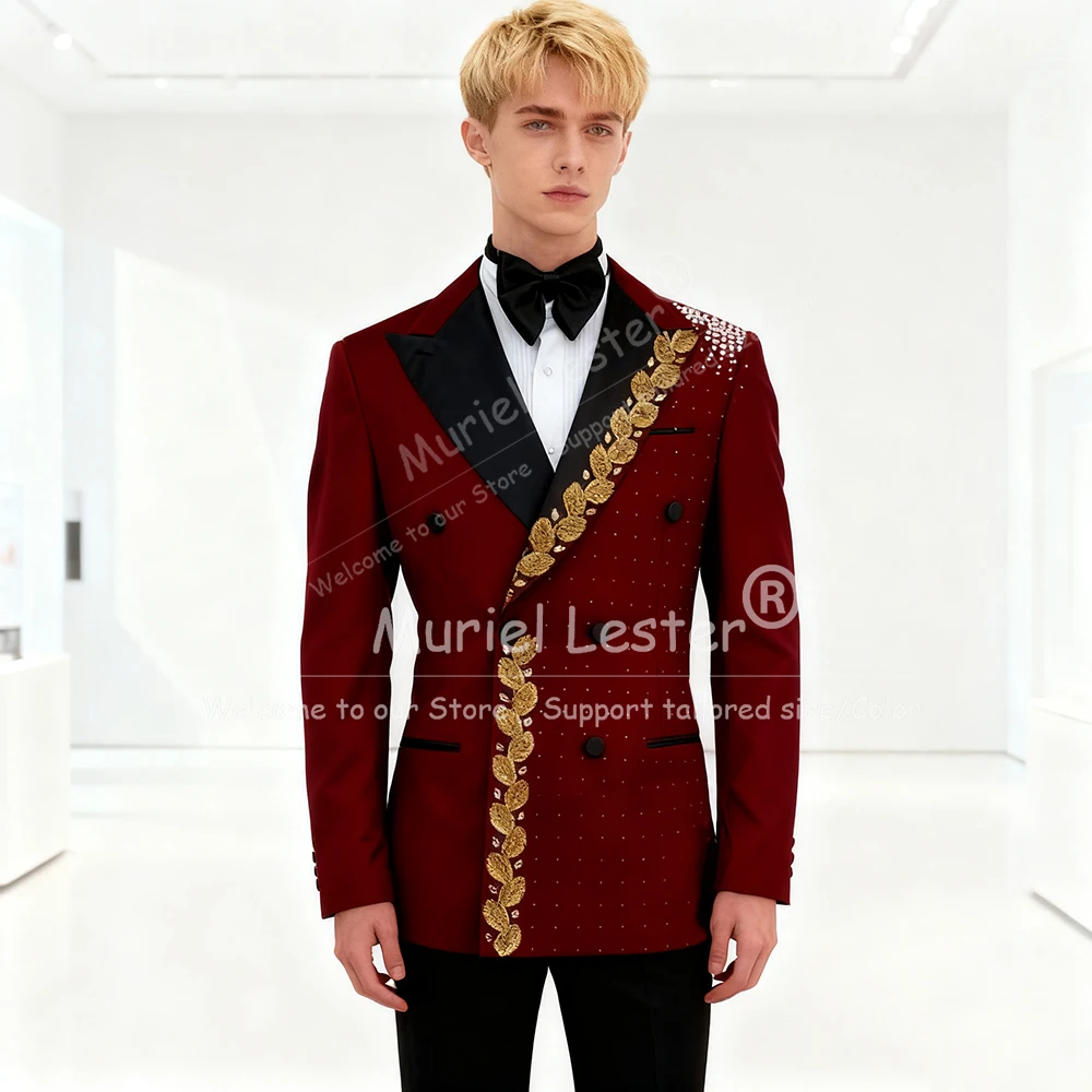 

Мужские костюмы с золотыми аппликациями и бисером на свадьбу, комплекты из 2 предметов, двубортный пиджак, брюки, индивидуальные мужские смокинги для банкета и вечеринки 2026