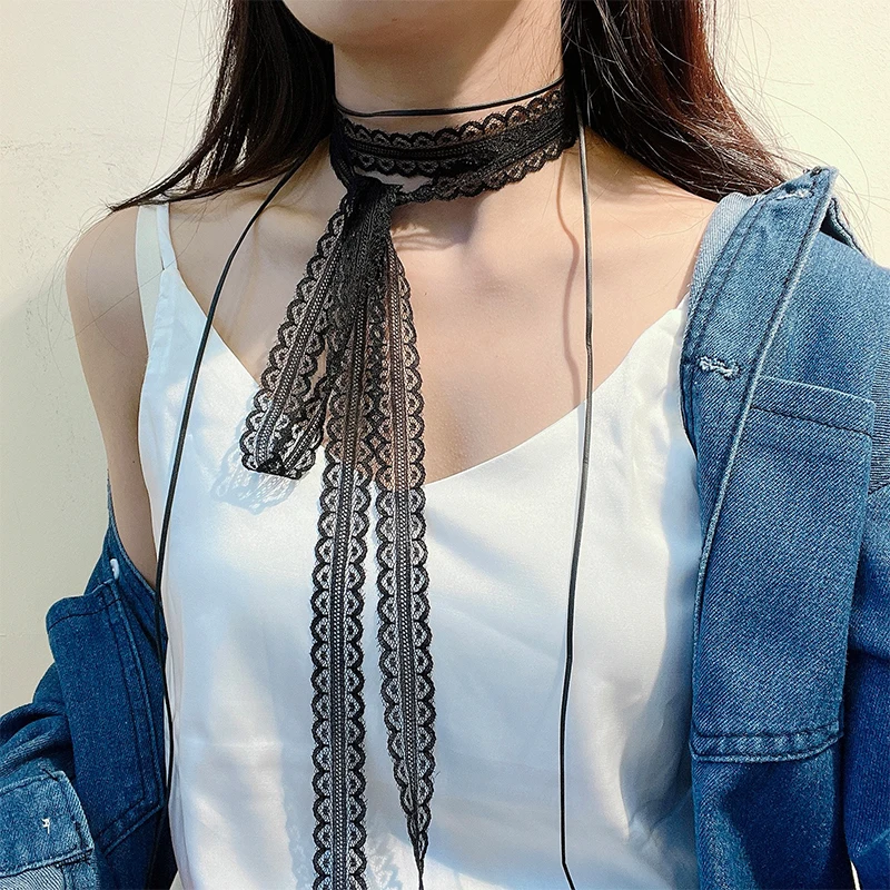 1pc Vintage Gothic Lace-Up Necklace For Girls, Double-Layered Bow-Knot Choker Collarbone Chain For Women