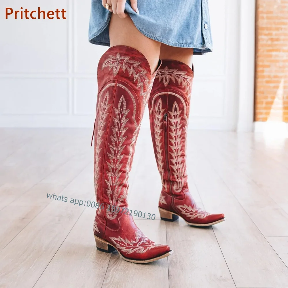 Print Pointed Toe Cowboy Boots Cross Strap Zipper Square Heels Adult Knee High Shoes Punk Winter Large Size Women's Knight Boots