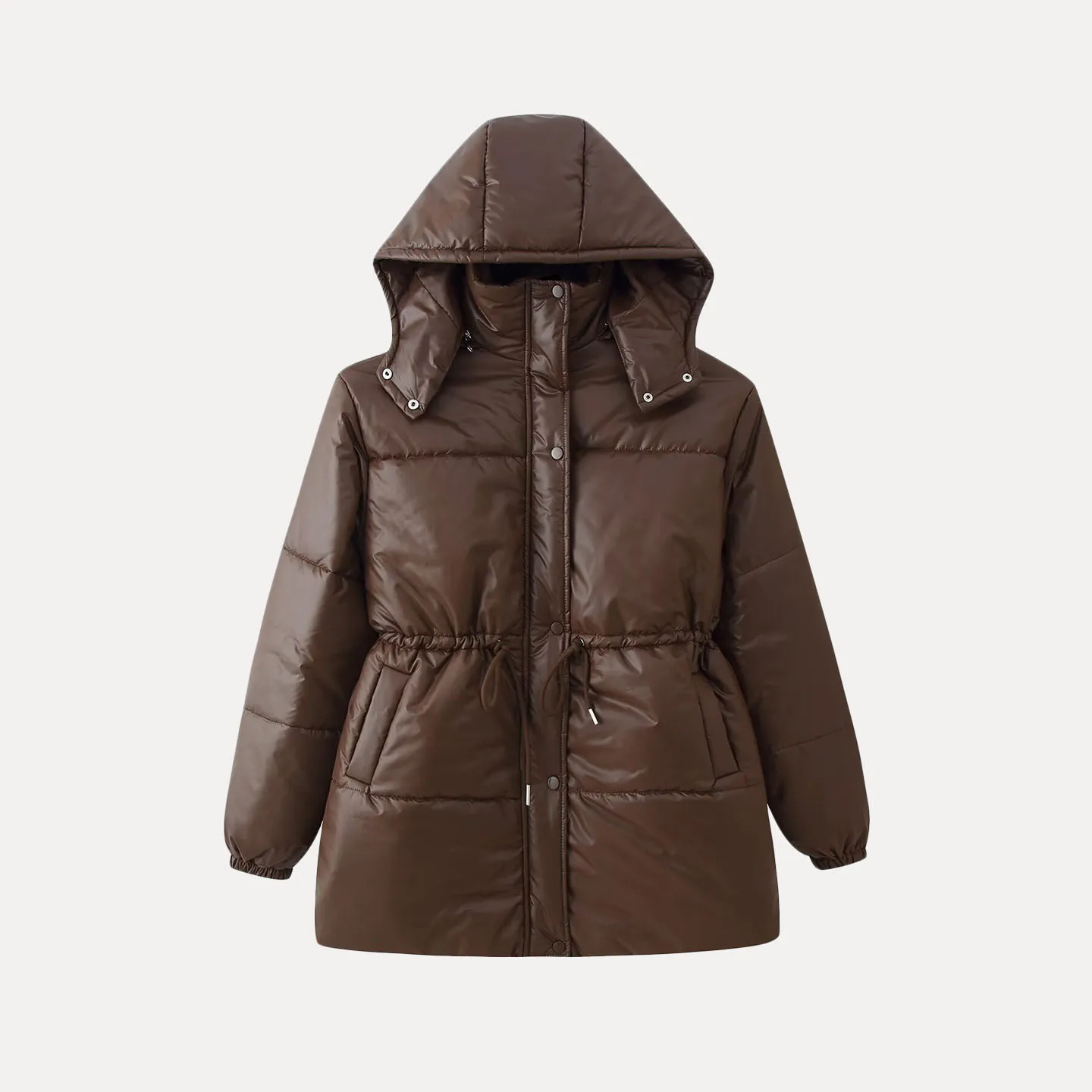 2025 Winter New Women's Faion Personali Simple Hooded Waist-Cinching Zipper Loose Outerwear Commute Sle Long Sve Coat