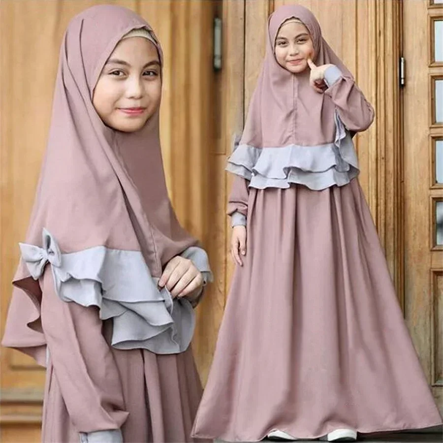 Bambini musulmani Ragazze 2 pezzi Preghiera Maxi vestito Hijab Abaya Ramadan Set Bambini arabi Foulard Abito lungo Abito islamico Eid Chador
