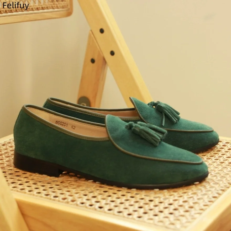 

Green Tassel Fashion Men Loafers Genuine Leather Cow Suede Round Toe Low-heeled Business Casual Wedding Party Daily Men Shoes