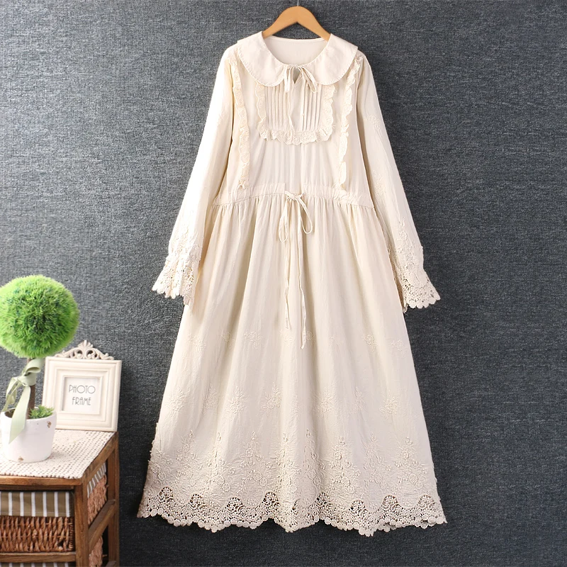 Vintage Embroidered Patchwork Dresses Women Autumn Japanese Mori Girl Sweet Peter Pan Neck Long Sleeve Hollow Out Midi Dress