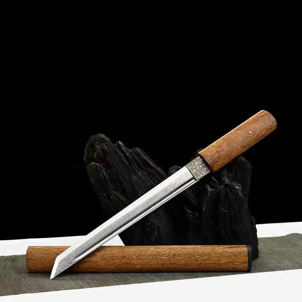 Chinese Kungfu Short Battle Sword Dagger,Simple Shadow,Real Multi Refined Folded Tempered Patterned Steel Blade,Wenge, Unsharp