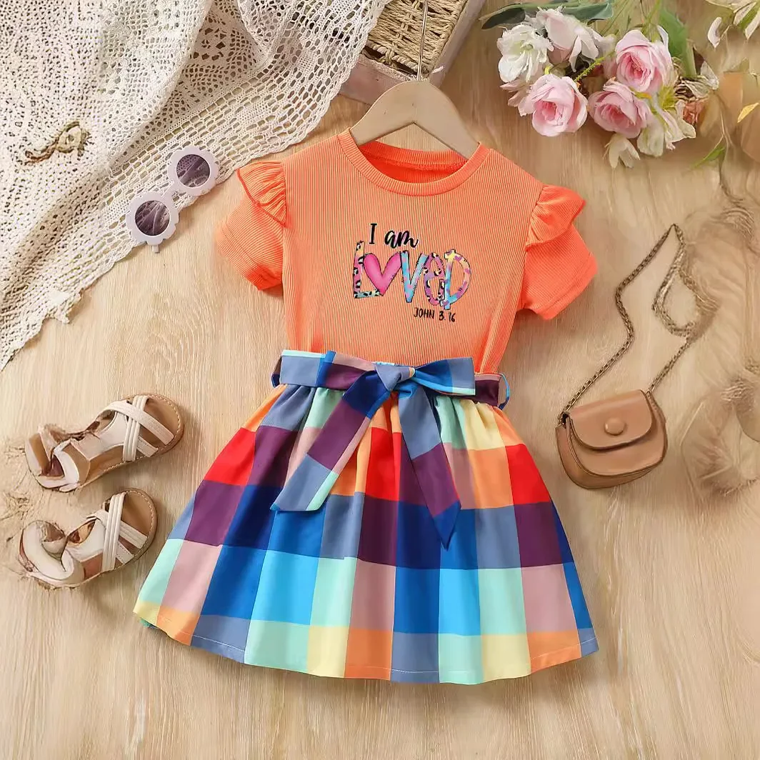 Conjunto de ropa de verano para niños y niñas, camiseta de manga corta con estampado de letras, Top + falda a cuadros, ropa de dos piezas