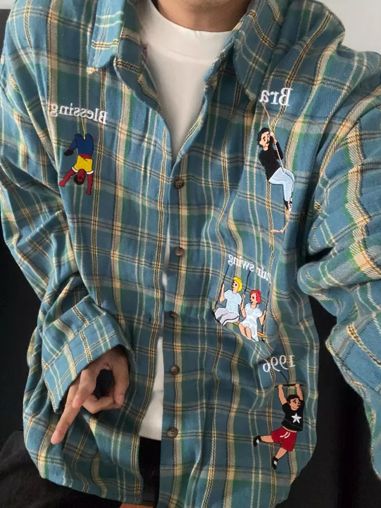 

Large Size High Quality Embroidery Funny Plaid Shirts Y2k Harajuku Oversize Long Sleeve Polo-Neck Button Up Shirt Jacket Hip Hop