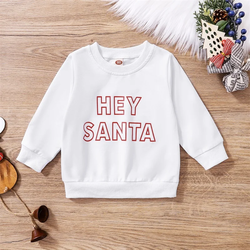 

Children s Holiday Letter Printed Sweatshirt Cozy Crew Neck Long Sleeve Pullover Festive Red and White Design