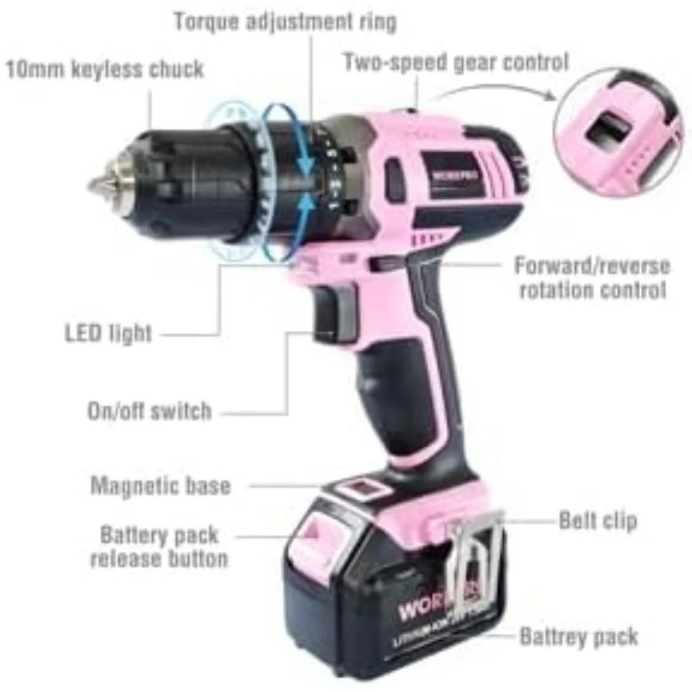 مجموعة مفكات مثقاب لاسلكية 20 فولت باللون الوردي مع بطارية وشاحن وحقيبة - مثالية لمشاريع DIY #3