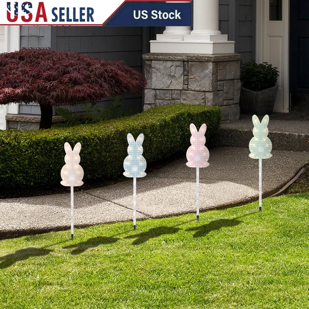 

Set of 4 Lighted Easter Bunny Pathway Marker Lawn Stakes Pre-lit Plaid Design with Mini Lights Outdoor Decor