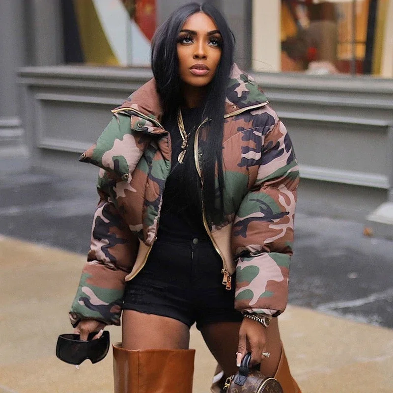 Fashion Street Women Camouflage Puffer Jacket Camo Puff Bubble Coats Parkas Down High Waist Stand Collar Crop Jacket Parka Retro