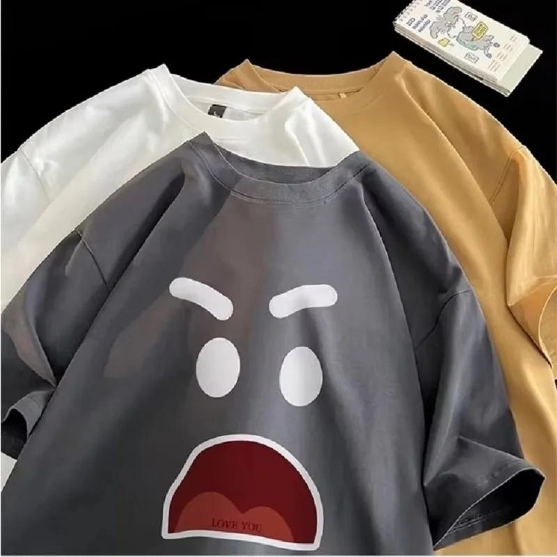 8XL الكورية فضفاضة تناسب المألوف العصرية الأمريكية الرجعية التعبير تي شيرت مطبوع جولة الرقبة عارضة الرجال متعددة الوظائف زوجين مجموعة