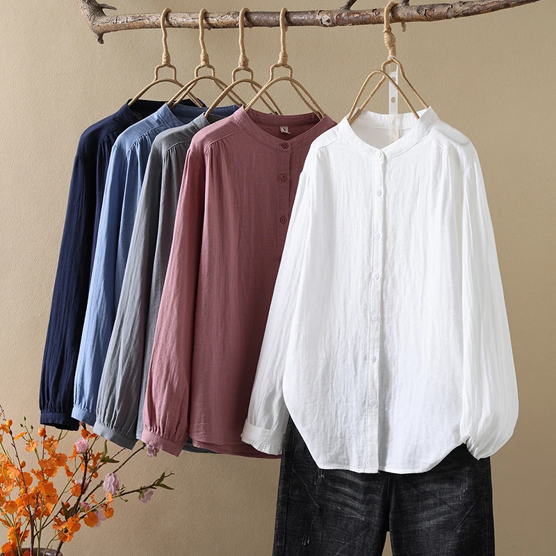 

﻿Solid Color Casual Stand Collar Women Long Sleeved Shirts 2024 New Cotton Yarn Woman Blouses and Tops Office Female Clothes﻿