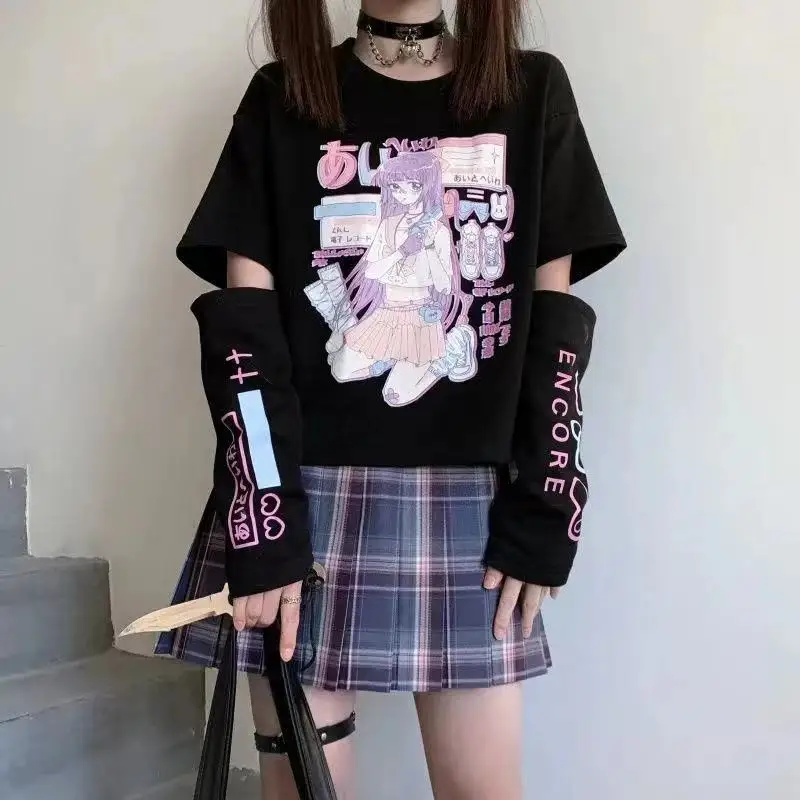 Japanese Streetwear E Girl Anime Tshirt Clothes With Arm Cover Graphic Top Harajuku Kawaii Summer Tops For Women 2024 T Shirt