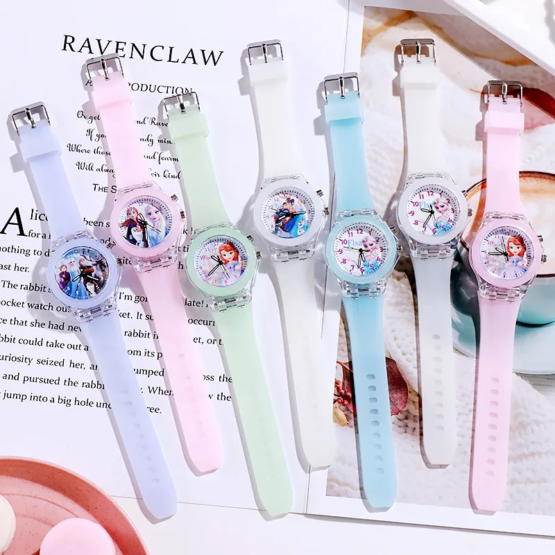 Disney children Watches for Girls Silicone Strap Princess Elsa Frozen 2 Sophia Flash Light Children Watch Women Clock gifts