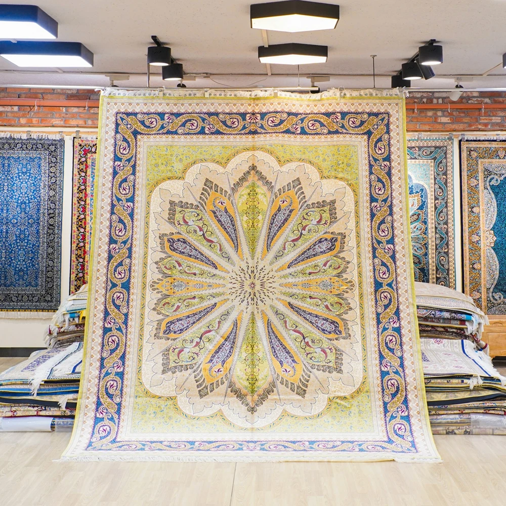 244x305cm Handmade Turkish Silk Rug Traditional Oriental Hand Knotted Floral Carpet for Living Room