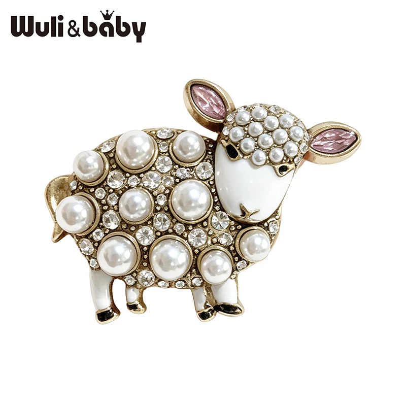 Wuli&baby Niedliche Perlen-Schaf-Broschen für Damen und Herren, 2-farbige Strass-Broschen zum Thema Jahr der Ziege, Tier-Motiv, lässige Büro-Broschen, Geschenke