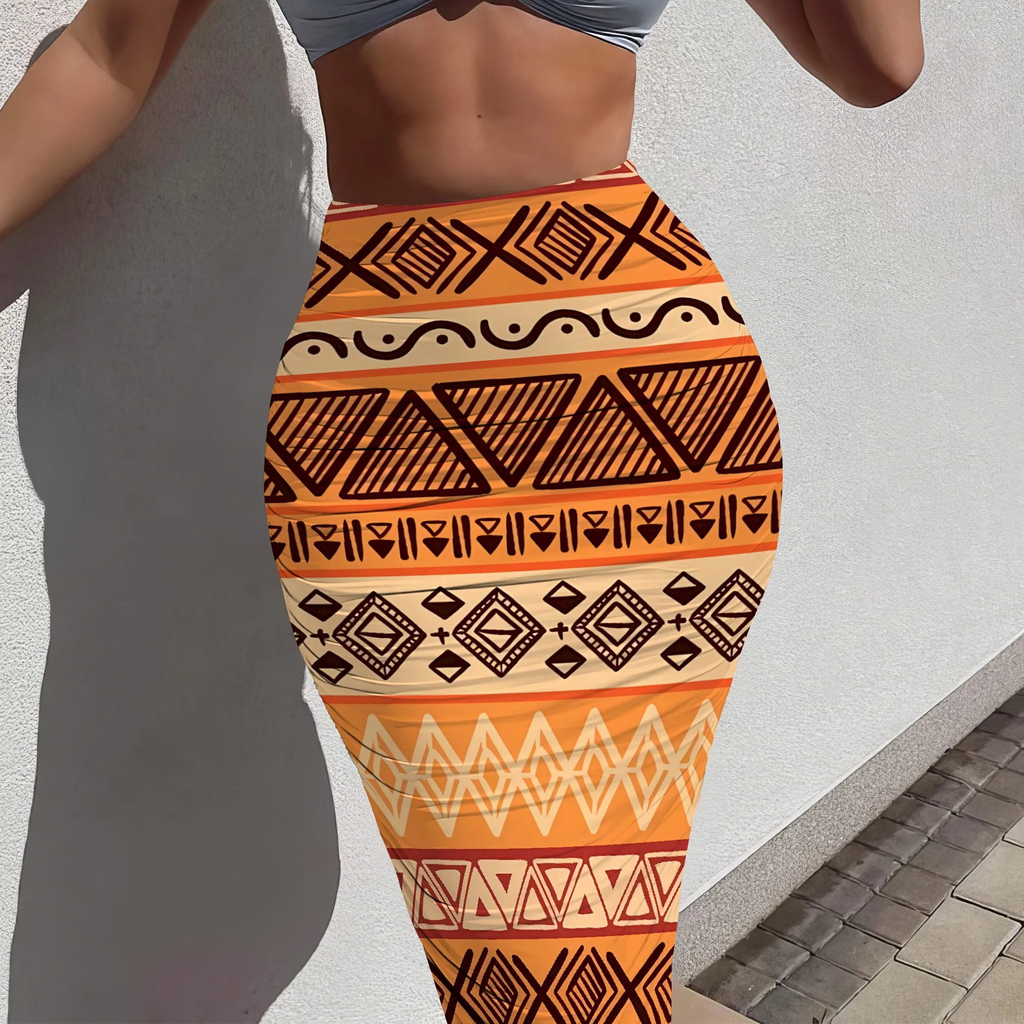 Nupusa Falda con estampado geométrico tribal naranja para mujer Falda larga ajustada informal de cintura alta