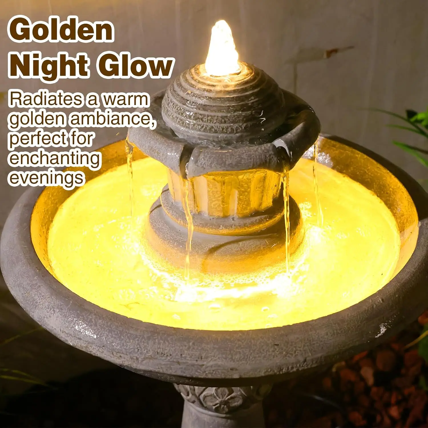 2-Tier Outdoor Water Fountain LED Lights Resin Garden Fountain Patio Yard Cascading Waterfall Quiet Pump, Customized