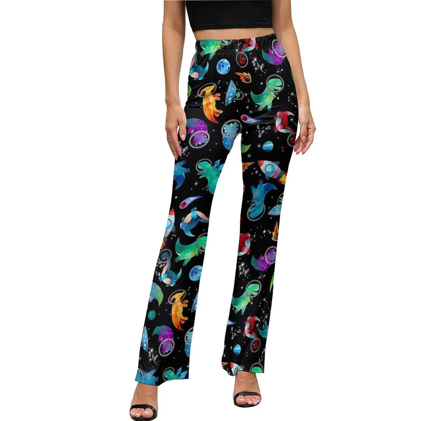 Watercolor Space Dinosaurs Galaxy Print Casual Pants Summer Elegant Flare Trousers Elastic High Waist Stretch Harajuku Pants