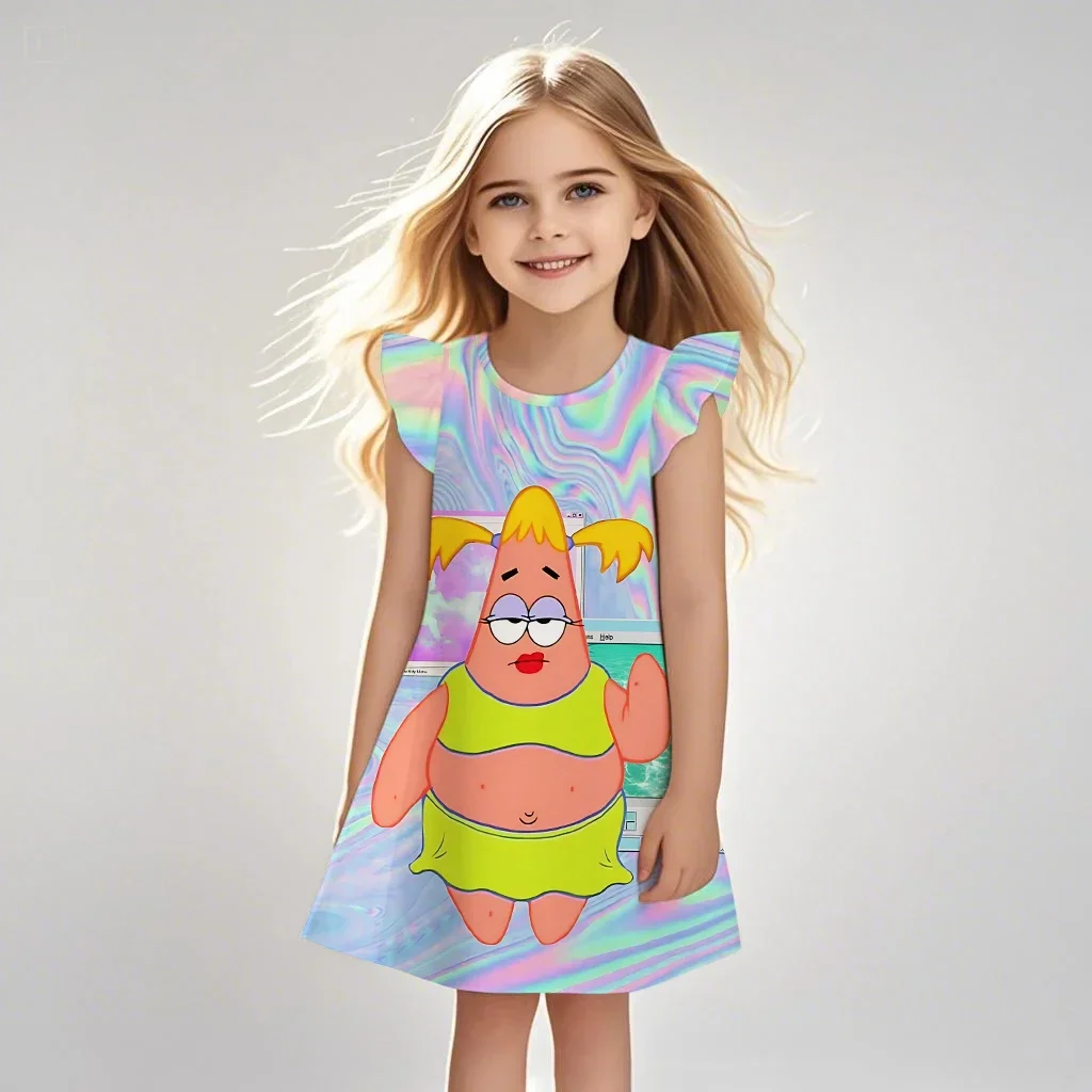 

Модное повседневное летнее платье Kawaii SpongeBob, одежда с героями мультфильмов для девочек 2-8 лет ​
