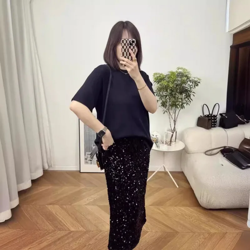 

iny Sequin High Waist Elastic Waist Ba Split Women's Skirt Slimming Straight Cut Midlife Commute Sle PVC Fabric Polyest...