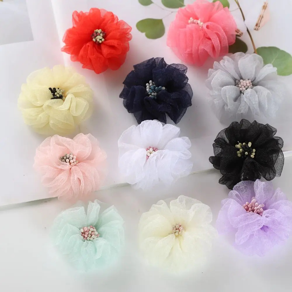 5.5cm Satin DIY Flowers Kids Boutique mesh Flowers Christmas Wedding Girls Hairclips or No Clips Accessory 10pcs/lot