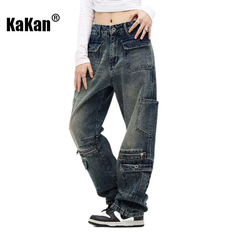 Kakan - European and American New Vintage Heavy Industry Multi Pocket Jeans for Men, High Street Zipper Straight Leg Pants K27
