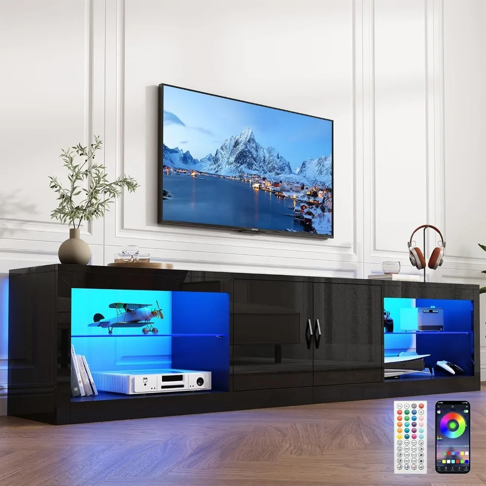 

85 Inch High Gloss TV Stand for 90/80/75 Inch TVs, Large Modern Black Entertainment Center With Adjustable Glass Shelves, Two Ca