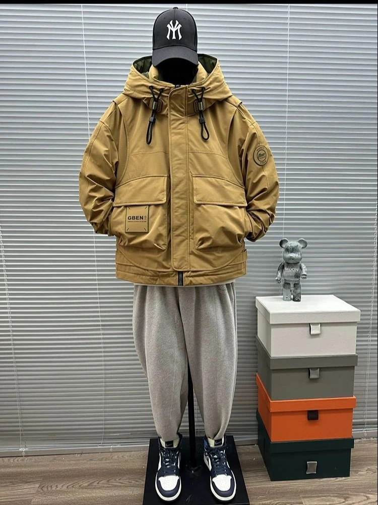 Winter Men Jacket Warm Coat Hooded Cargo Puffer Jacket Luxury High-end Multi-pocket Windproof Outerwear Outdoor Windbreaker