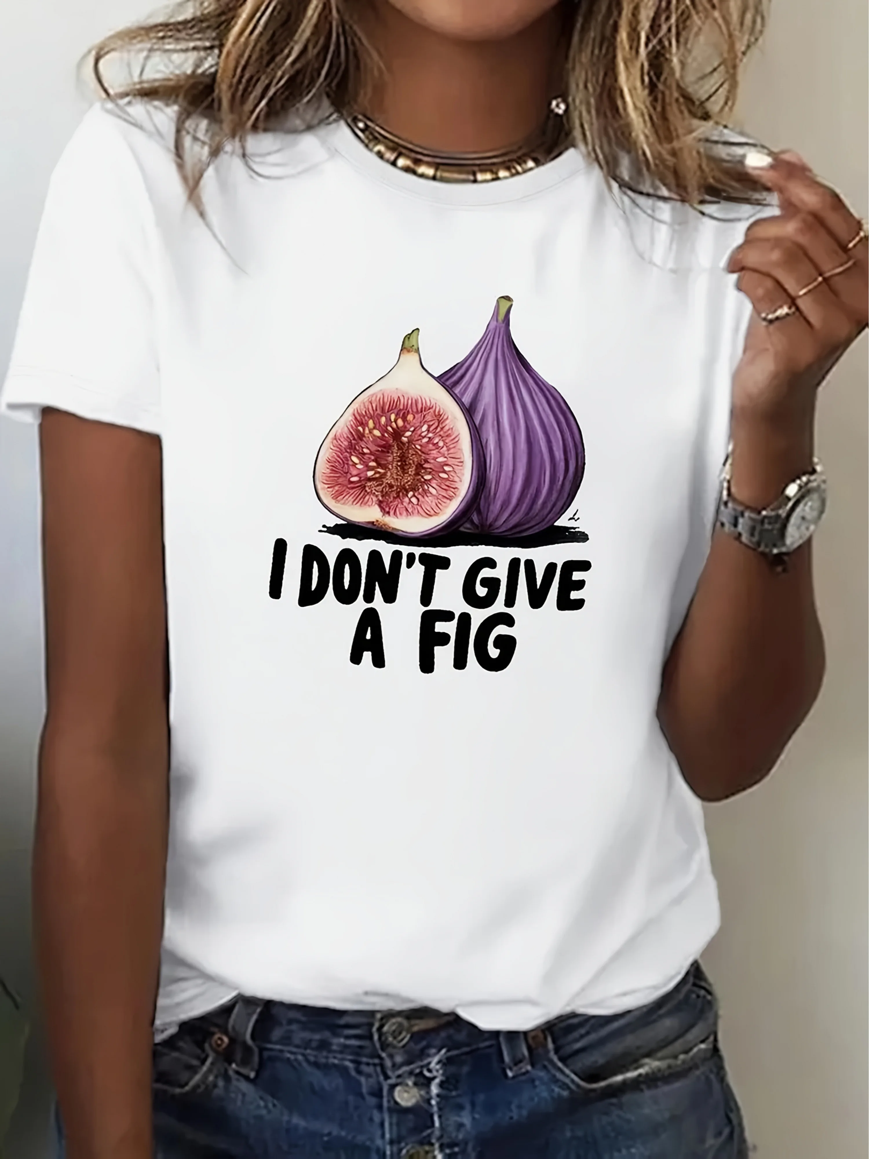 Camiseta divertida con eslogan "I Don't Give A Fig" para mujer, ropa de calle Harajuku de manga corta con gráfico de fruta de higo púrpura blanco de verano