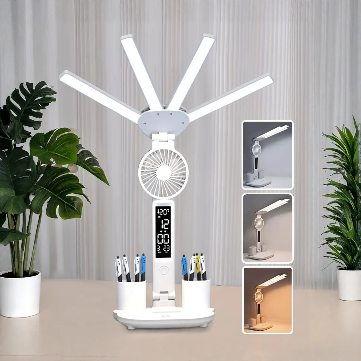 3Color Led Table Lamp With Fan And Clock Four Headed Folding Usb Charging Multifunction Desk Lamp For Reading Night  JJ2890UT