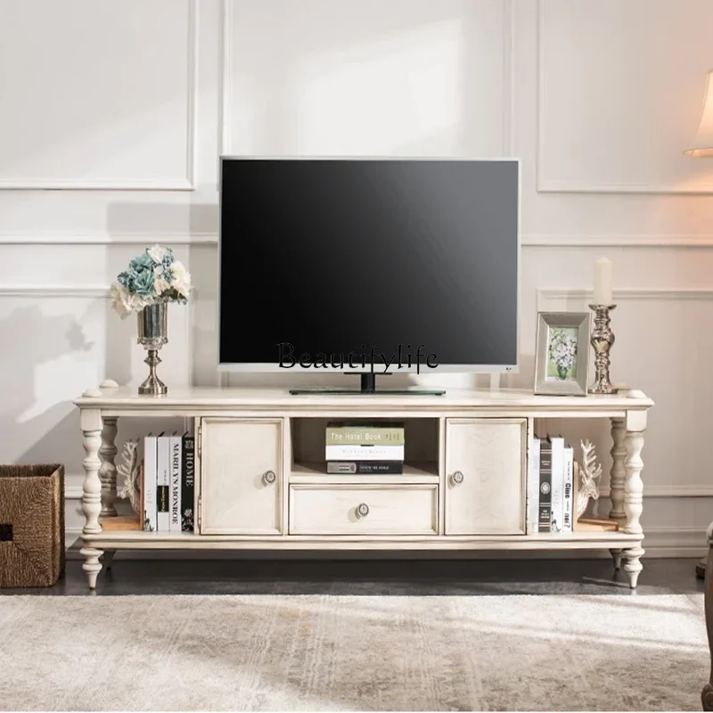 

PJ-*American rural solid wood retro TV cabinet French simple living room display storage small apartment carved floor cabinet