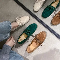 Women's Genuine Leather Loafers Round Toe Soft Suede Lace-Up Comfortable Shoes for Spring in Green, Brown, White