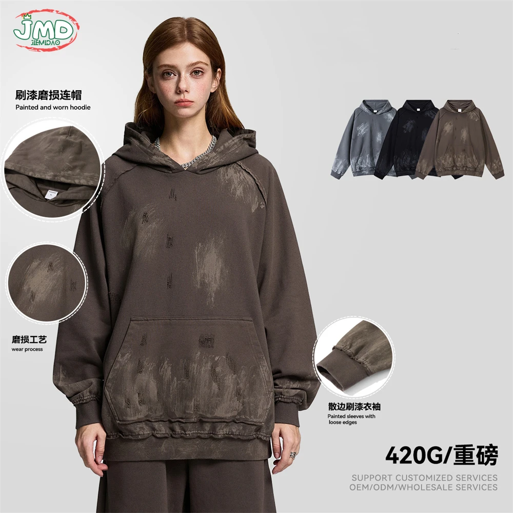 JMD Retro 2026 Autumn Men Painting Washed Hoodie Unisex 420gsm Ripped Distressed Hooded Pullovers Winter Coat QH0096