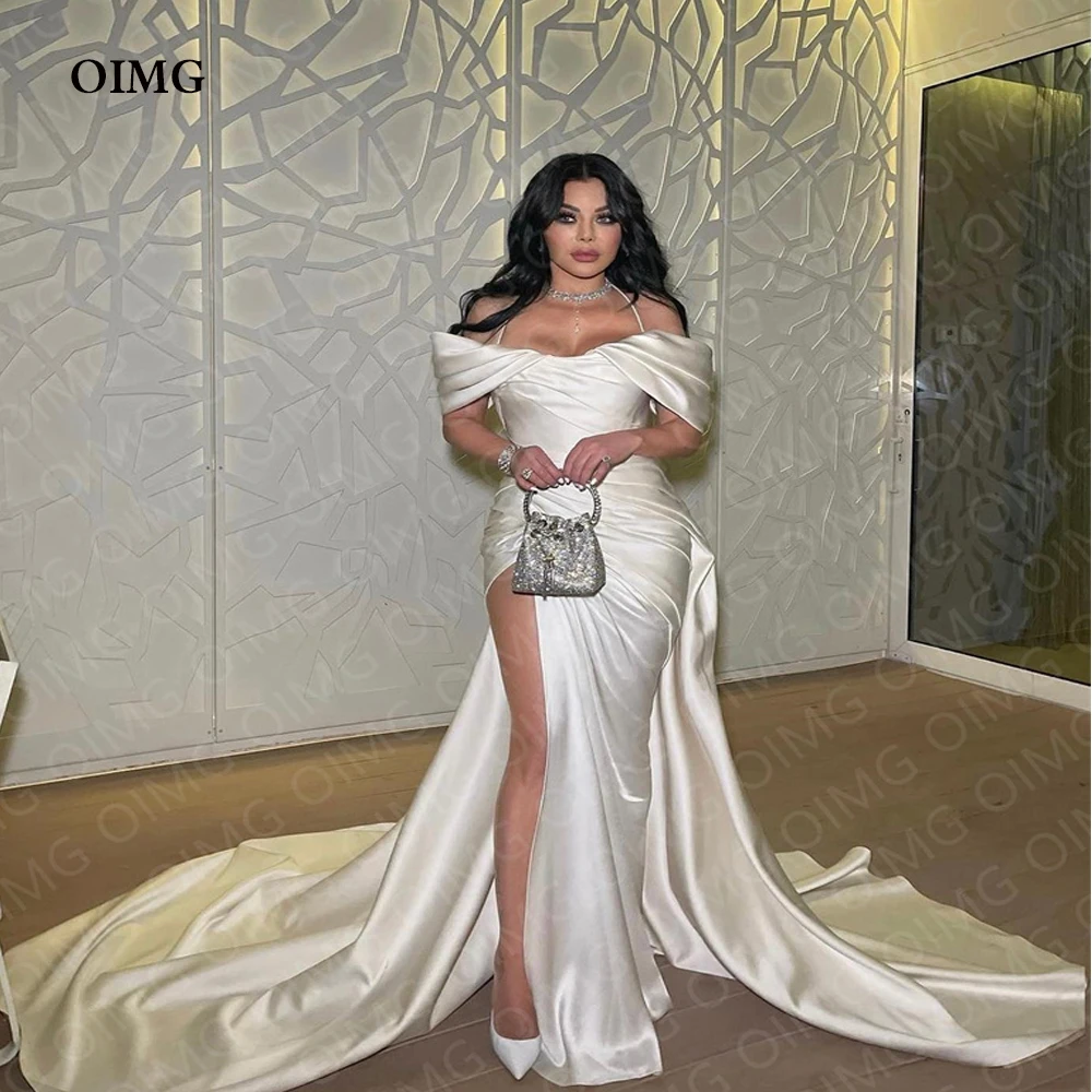 

OIMG Ivory Satin A Line Wedding Dresses Side Split Off Shoulder Spaghetti Straps Beach Gowns Arabic Women Prom Evening Vestidos