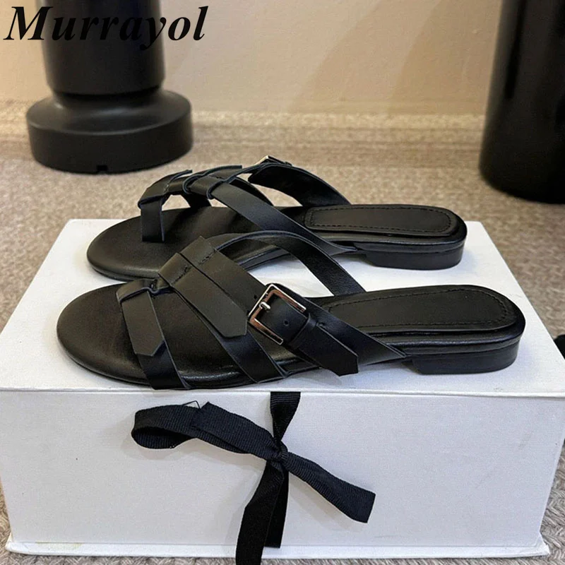 Chanclas de mujer de cuero genuino, sandalias planas con diseño de hebilla metálica, sandalias de dedo dividido, sandalias de verano para vacaciones al aire libre, zapatos para caminar