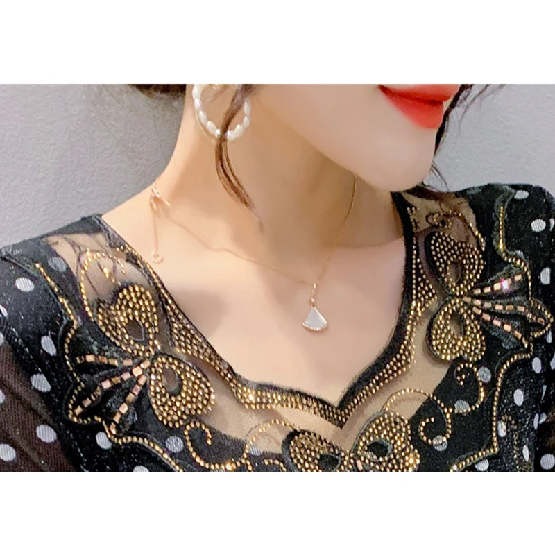 Fall Winter European Clothes Mesh T-Shirt Sexy V-Neck Patchwork Shiny Diamonds Women Tops Long Sleeve Drill Hand Made Tees 1138