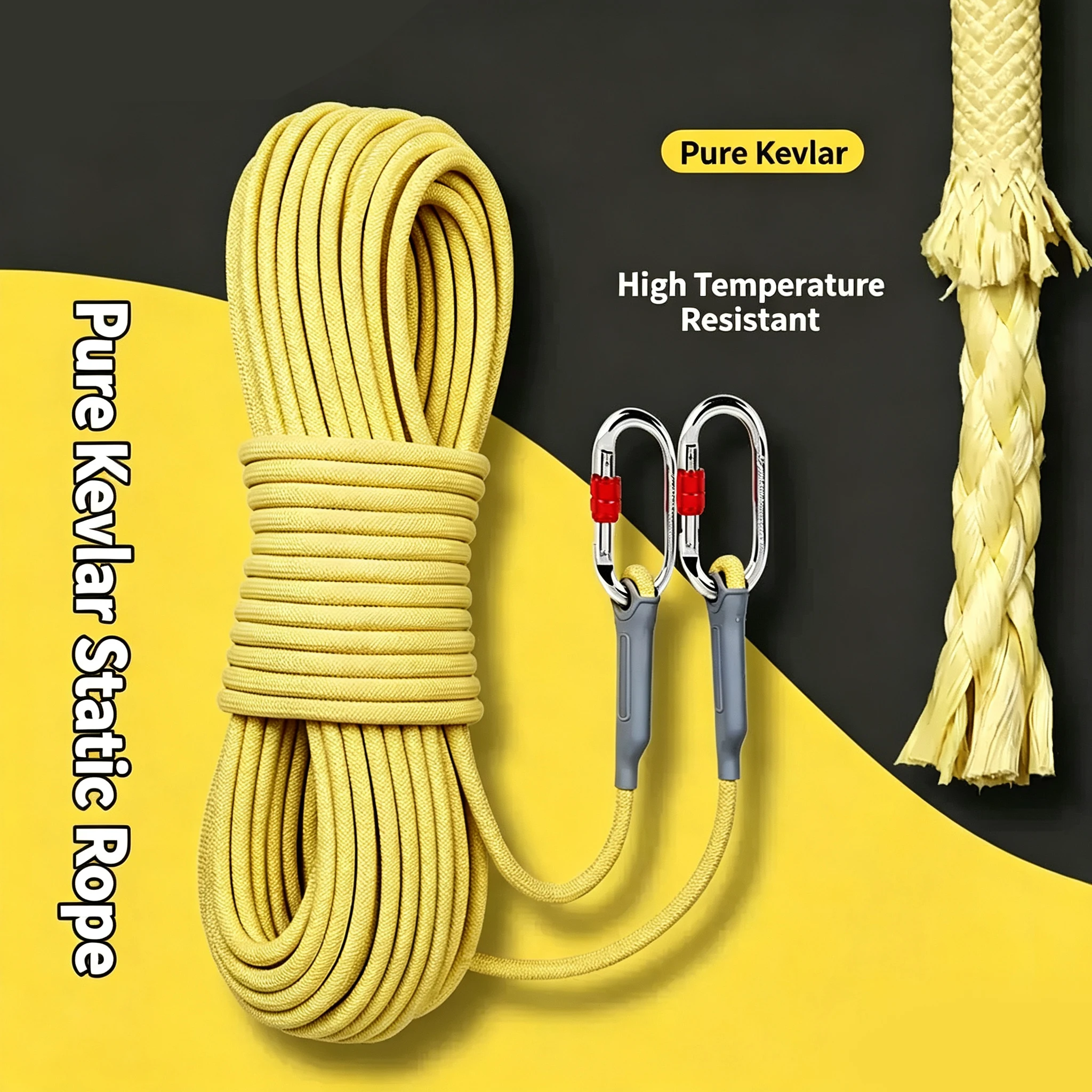 Φ: 8mm/10.5mm/12mm-10m - Pure Kevlar Static Rope, Wear - Resistant High Temperature Flame Retardant Emergency Escape Safety Rope