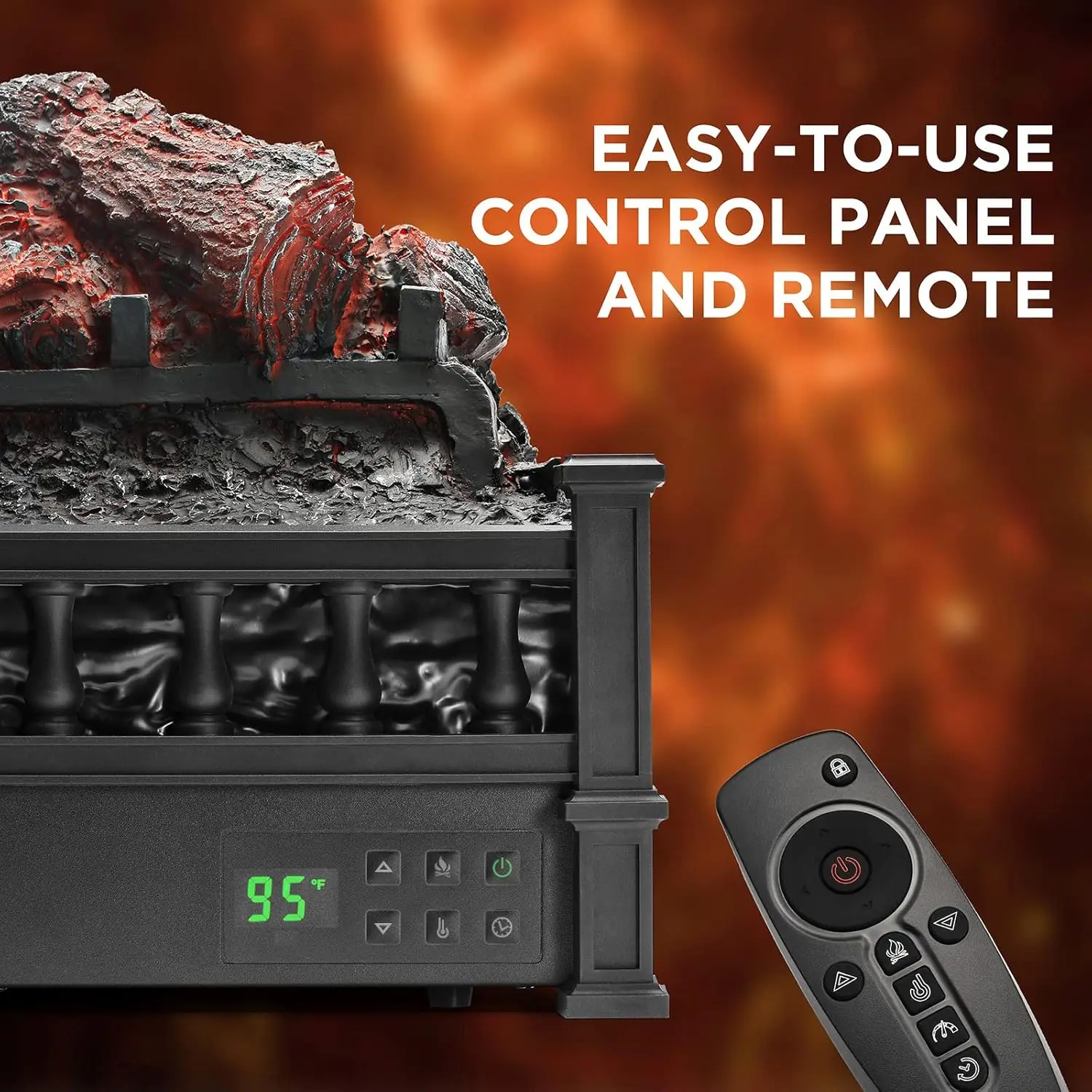 26-Inch Infrared Quartz Electric Fireplace Log Heater, Realistic Pinewood Logs, Adjustable Flame Colors, Remote Control