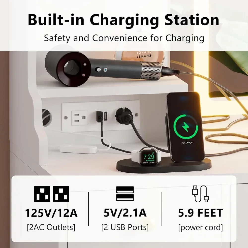 Meja Rias Rias Putih dengan Cermin dan Lampu, Set Meja Rias Besar dengan Stasiun Pengisian Daya, Meja Rias dengan Lemari RGB